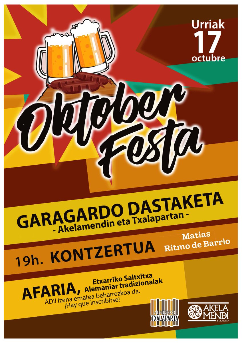 akelamendi's tweet image. 💥💥💥Hemen da!!💥💥💥
Barañaingo Akelamendi eta Txalaparta elkarteen arteko ekimena. 
Zorionak berriz ere Oktober festari emandako erantzunagatik, dagoeneko 100 lagun baino gehiago gaude afaltzera izena emanda.