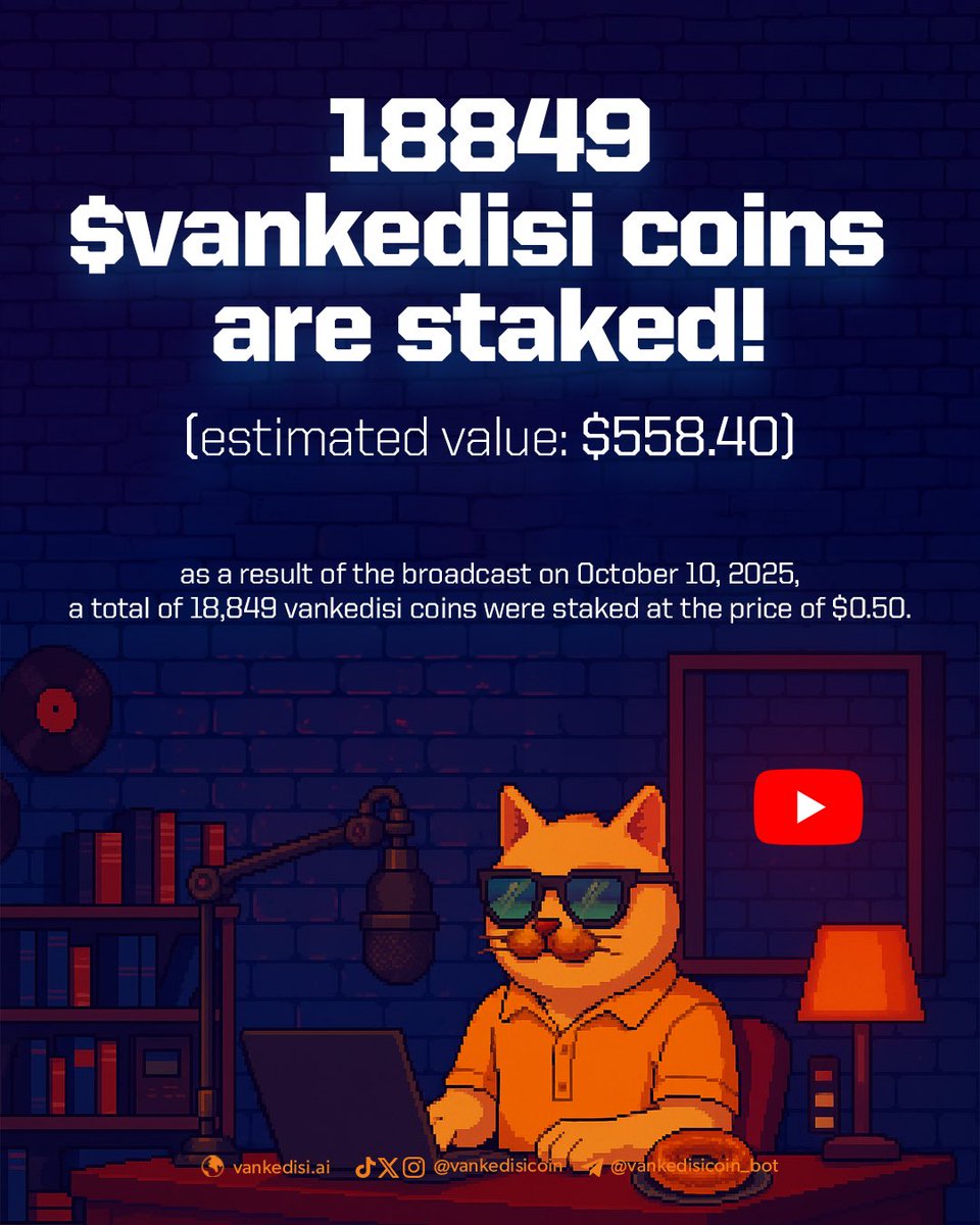 18849 $vankedisi coins are staked!
(estimated value: $558.40)  

as a result of the broadcast on October 10, 2025, a total of 18,849 vankedisi coins were staked at the price of $0.50.