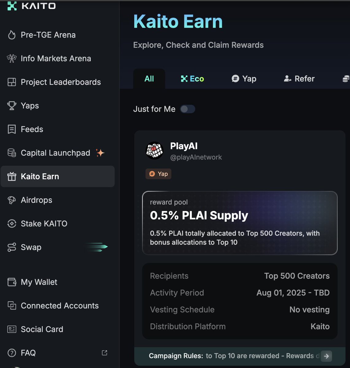 qodedstuff's tweet image. DAY 3 - Good Morning morning🌞

Let&apos;s go with @playAInetwork 

They just went live on Kaito Earn, opening a fresh wave of mindshare and Yaps for the community.

A total of 0.5% of the $PLAI supply is reserved for the top 500 yappers, but there is an update, 0.25% will drop at TGE…