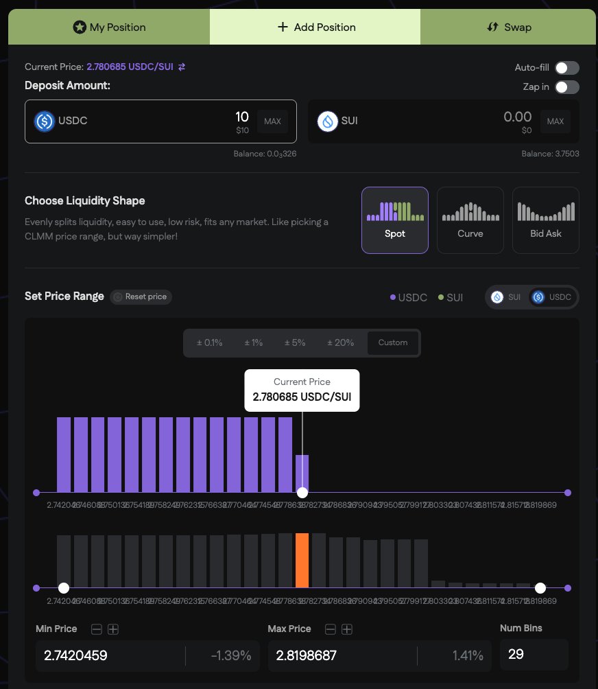hvxcrypto's tweet image. You can use @MeteoraAG (Solana) or @ferra_protocol (SUI) to buy the dip DCing into a token.
Just put a single sided liquidity with quote token only (USDC only or SUI/SOL only) and "buy" the token while EARNING FEES.
Think of the bins like "limit orders" to buy a bit of…