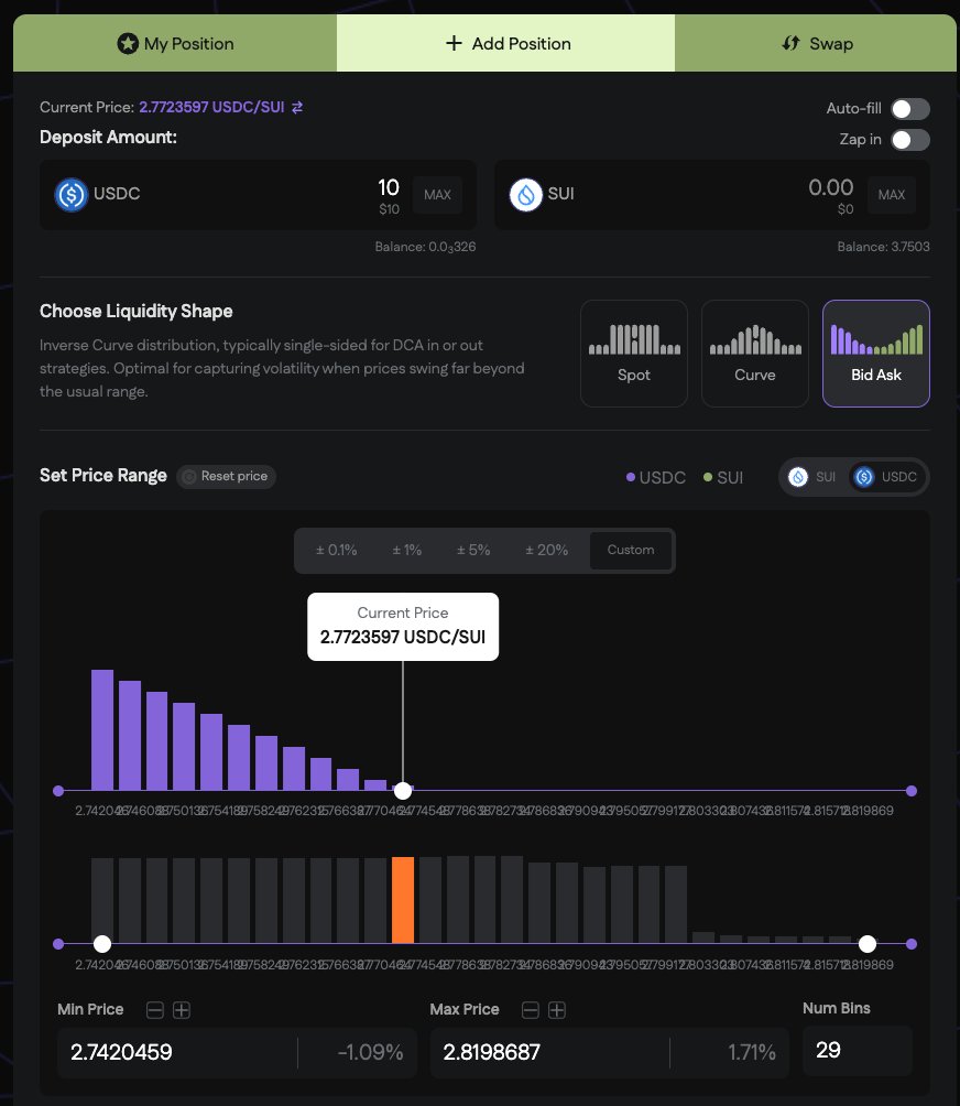 hvxcrypto's tweet image. You can use @MeteoraAG (Solana) or @ferra_protocol (SUI) to buy the dip DCing into a token.
Just put a single sided liquidity with quote token only (USDC only or SUI/SOL only) and "buy" the token while EARNING FEES.
Think of the bins like "limit orders" to buy a bit of…