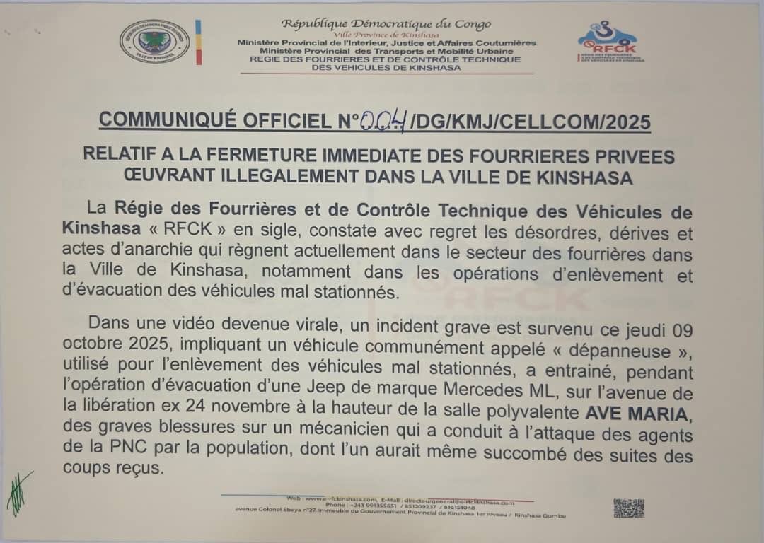 ebalemozindo's tweet photo. #RDC: #KINSHASA. 
🔴 

La Régie des Fourrières et de Contrôle Technique des Véhicules de Kinshasa (RFCK) annonce leur fermeture " immédiate et sans condition "de toutes les fourrières privées « illégales » à Kinshasa.

Cette décision fait suite à un incident tragique survenu le 9 octobre 2025 sur 24 novembre, près de la salle Ave Maria, lors d’une opération d’enlèvement d’un véhicule mal stationné, ayant causé de graves blessures et au moins un décès.