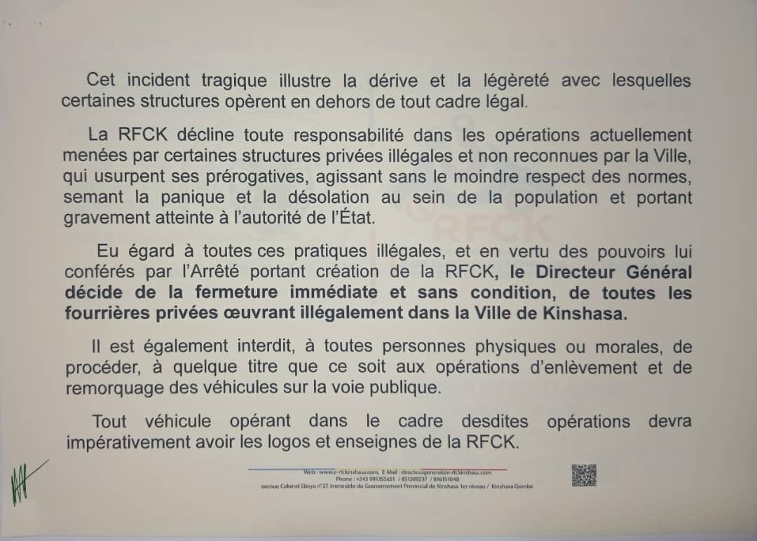 ebalemozindo's tweet photo. #RDC: #KINSHASA. 
🔴 

La Régie des Fourrières et de Contrôle Technique des Véhicules de Kinshasa (RFCK) annonce leur fermeture " immédiate et sans condition "de toutes les fourrières privées « illégales » à Kinshasa.

Cette décision fait suite à un incident tragique survenu le 9 octobre 2025 sur 24 novembre, près de la salle Ave Maria, lors d’une opération d’enlèvement d’un véhicule mal stationné, ayant causé de graves blessures et au moins un décès.