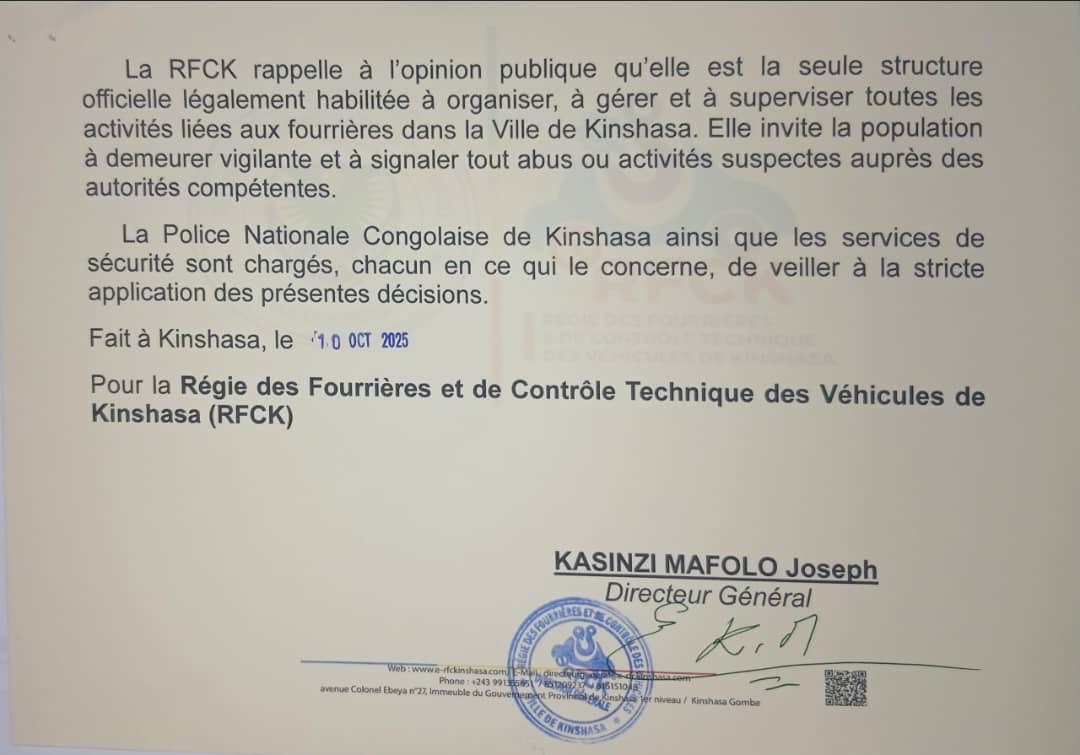 ebalemozindo's tweet photo. #RDC: #KINSHASA. 
🔴 

La Régie des Fourrières et de Contrôle Technique des Véhicules de Kinshasa (RFCK) annonce leur fermeture " immédiate et sans condition "de toutes les fourrières privées « illégales » à Kinshasa.

Cette décision fait suite à un incident tragique survenu le 9 octobre 2025 sur 24 novembre, près de la salle Ave Maria, lors d’une opération d’enlèvement d’un véhicule mal stationné, ayant causé de graves blessures et au moins un décès.