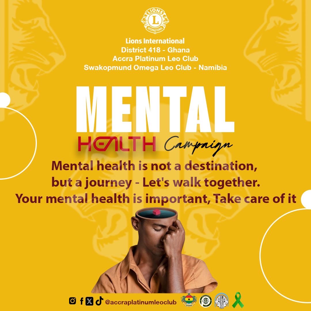 PlatinumLeos's tweet photo. Mental health is a journey, not a destination 🌈. Let's walk together &amp; prioritize our mental wellbeing 💆‍♂️. Your mental health matters🌟🌟

#Lionsinternational
#Leodistrict418
#accraplatinumleoclub 
#Swakopmundomega 
#MentalHealthMatters 
#weserve
#KindnessMatters
#BreakTheStigma https://t.co/okLh0apeTY