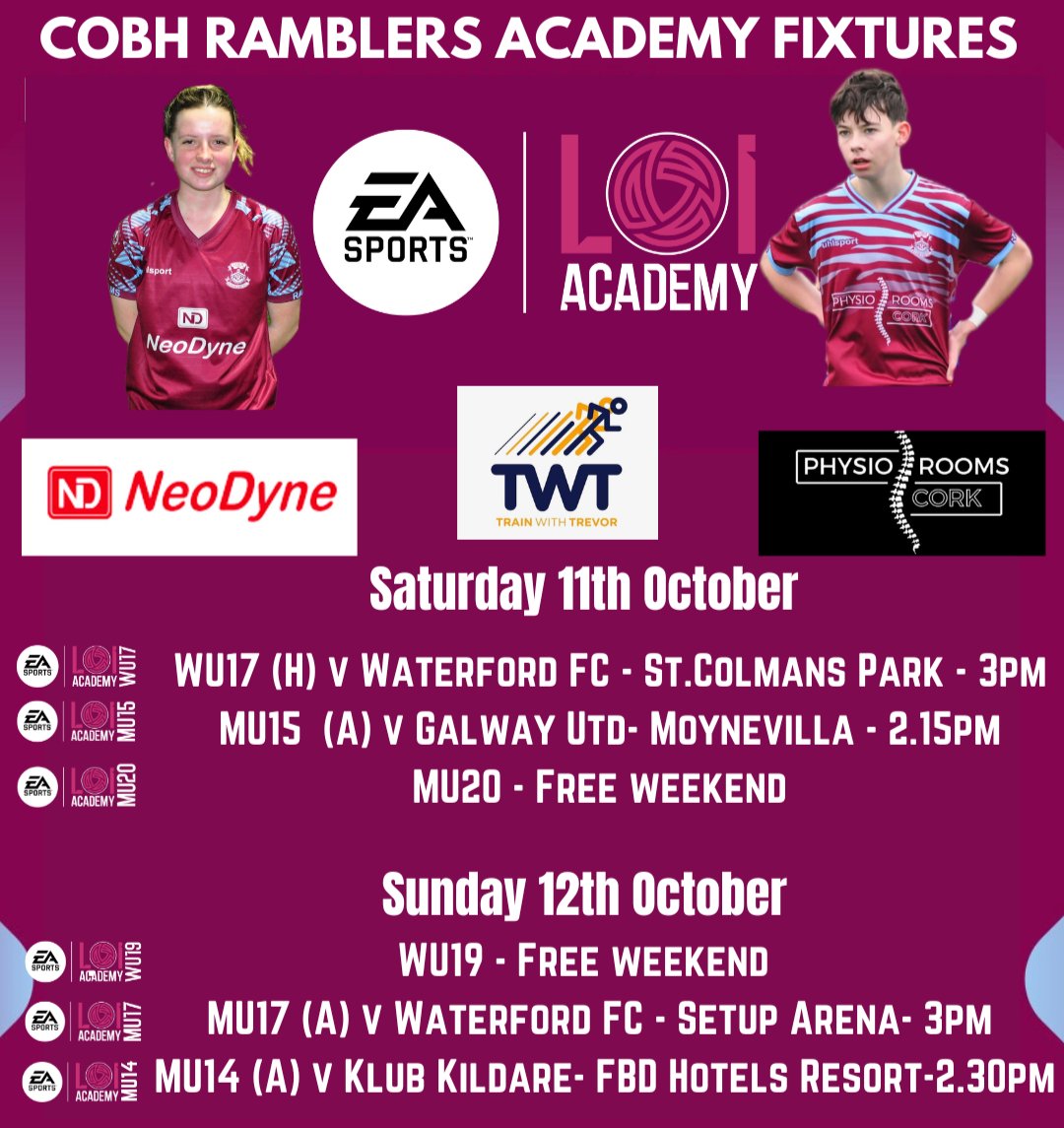 Weekend Academy fixtures 🟣🔵 

Best of luck to all our teams in action this weekend.