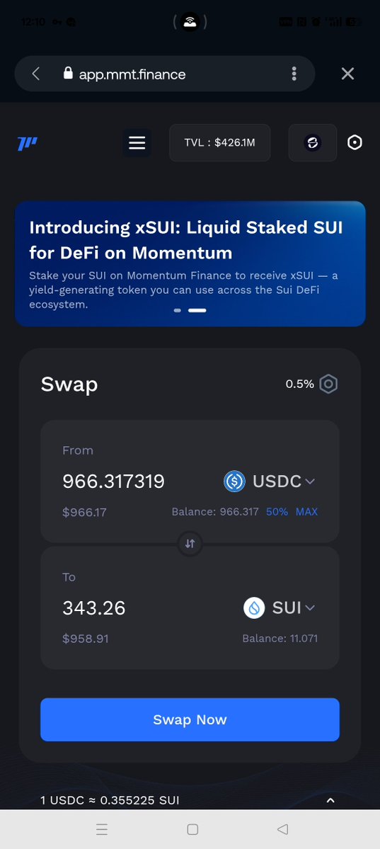 Momentum Finance swap interface screenshot