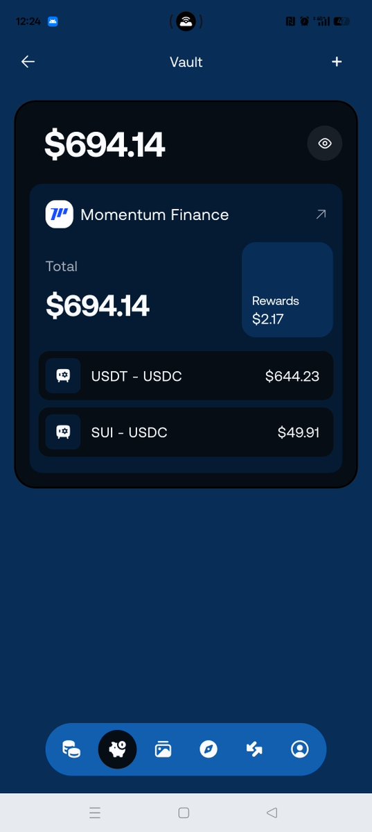 Momentum Finance vault showing total value and rewards