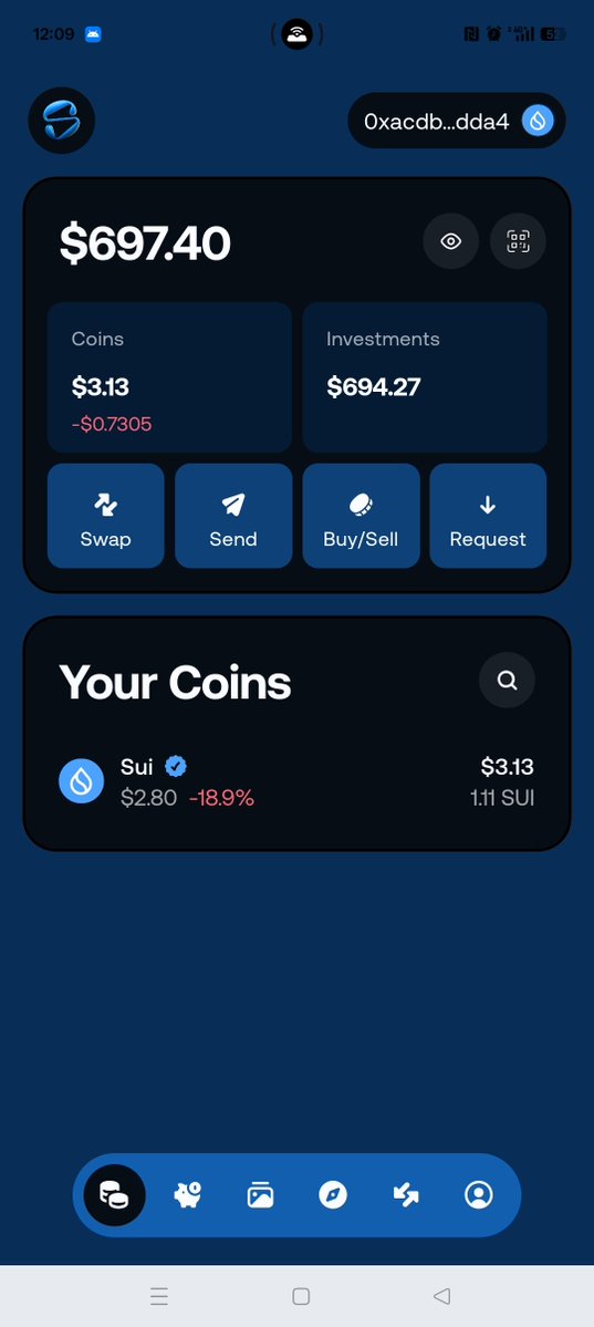 Sui wallet screenshot showing price dip