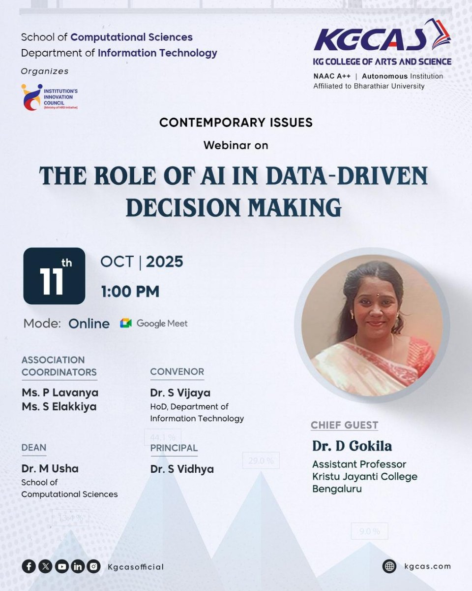 kgcascollege's tweet image. The School of Computational Sciences, Department of Information Technology at KG College of Arts and Science, is inviting you to be a part of a webinar on &quot;The Role of AI in Data-Driven Decision Making.&quot;

#ArtificialIntelligence #ITWebinar #ComputationalSciences #TechEducation