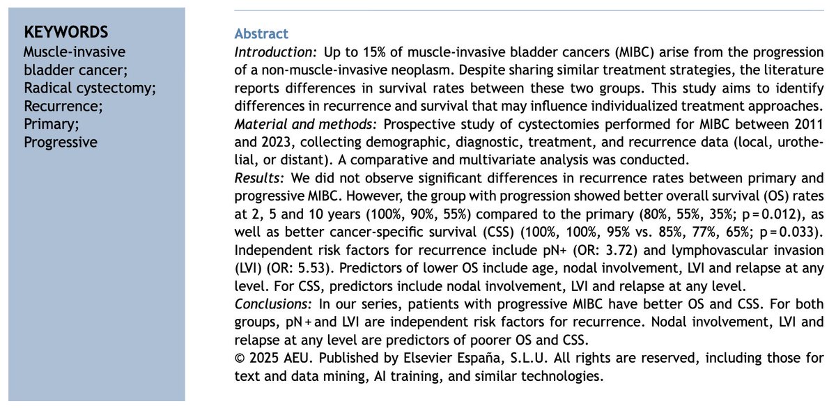 DrFelixGuerrero's tweet image. ‼️Primary vs progressive #MIBC 
🤼Controversial topic
📉We publish on this in the October issue of @actasurologicas @RodriguezFaba 
🏥@Urologia12 @cgdelcanizo @MarioHArroyo @H12Octubre 
🔗Read it here: t.ly/cdaAk