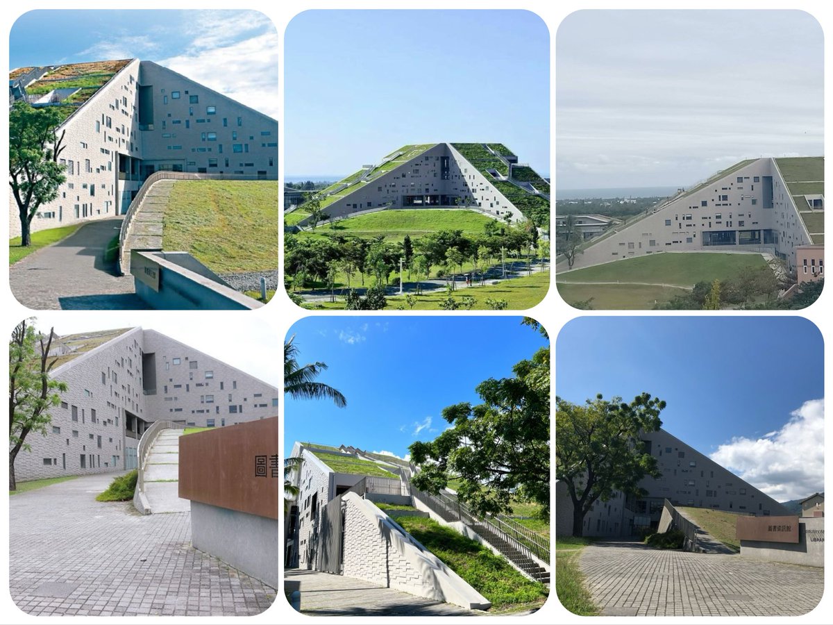 晚上好😊😊 
台東大學圖書資訊館
建築外觀有「山形建築」和「水形建築」的設計，五層樓高，被形容為典藏知識的「金字塔」