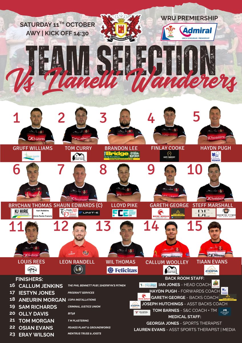 🏉TEAM SELECTION🏉

Here’s a reminder of today’s squad that takes on <a href="/llanelliwands/">Llanelli Wanderers RFC</a> in the WRU Premiership

#BoisYLlan
⚫️🔴⚪️