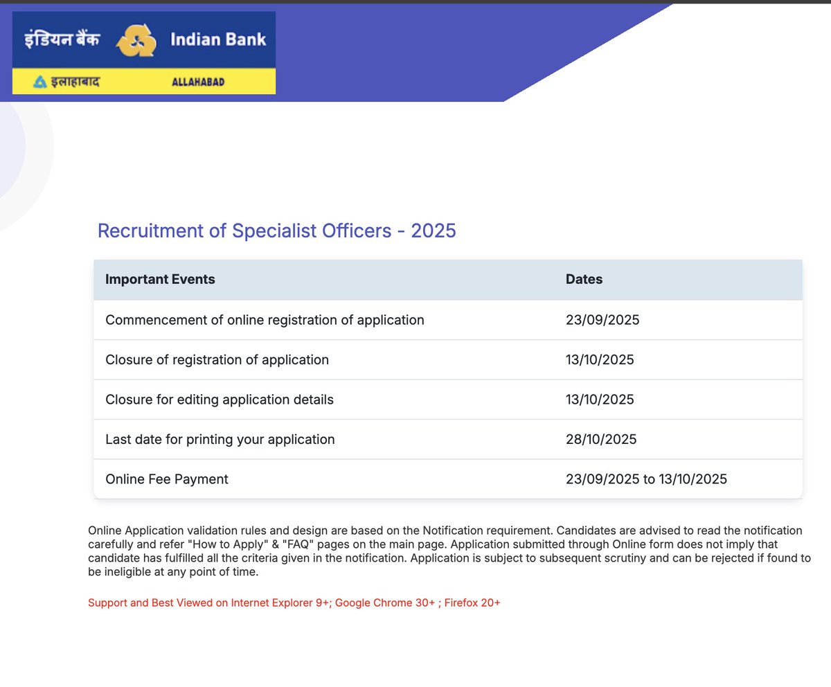 tg_central_jobs's tweet image. Indian Bank hiring Specialist Officers - 2025

No of vacancies: 171
Last date: 13 Oct 2025
More details: indianbank.bank.in/Career/ 

#CentralGovtJobs #BankJobs #Freshers #GovtJobs