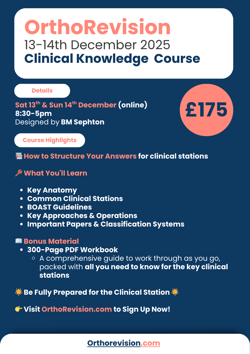 📢 Announcing: OrthoRevision: Clinical Knowledge Course
🗓️ Dates: 13th/14th Dec
📍 Venue: Online
💷 Course Fee: £175
✉️ For registration: orthorevision.com

<a href="/ortho_revision/">OrthoRevision</a>