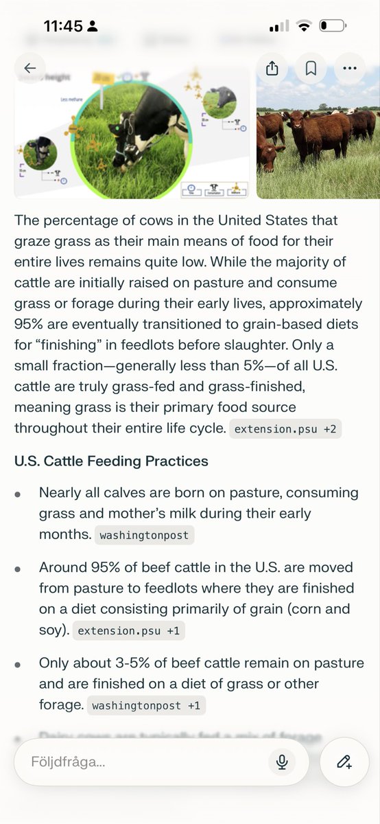 Romaren's tweet image. I don’t think anyone have called the almond farm sustainable.
Also only 5% of US cattle is grass fed.
#PerplexityAI