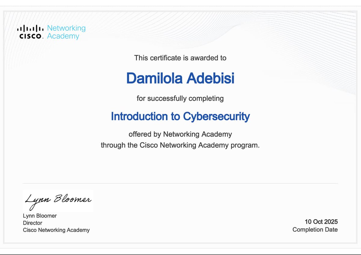 Daeminikanlola_'s tweet image. Just kicked off my Cybersecurity journey! 🔐
I’ve officially completed the Introduction to Cybersecurity course by Cisco 🎓
Excited to keep learning, exploring, and sharing everything along the way.
#CyberSecurity #LearningInPublic #CiscoNetworkingAcademy