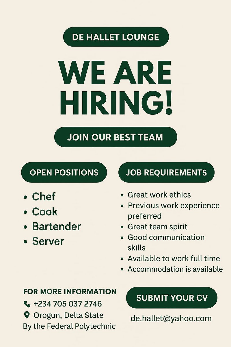 JobBusStop's tweet image. Multiple Hiring at De Hallet Lounge

Location: Oregun, Delta

- Chef
- Cook
- Bartender
- Server

See flyer for more info.
Send Application to de.hallet@yahoo.com