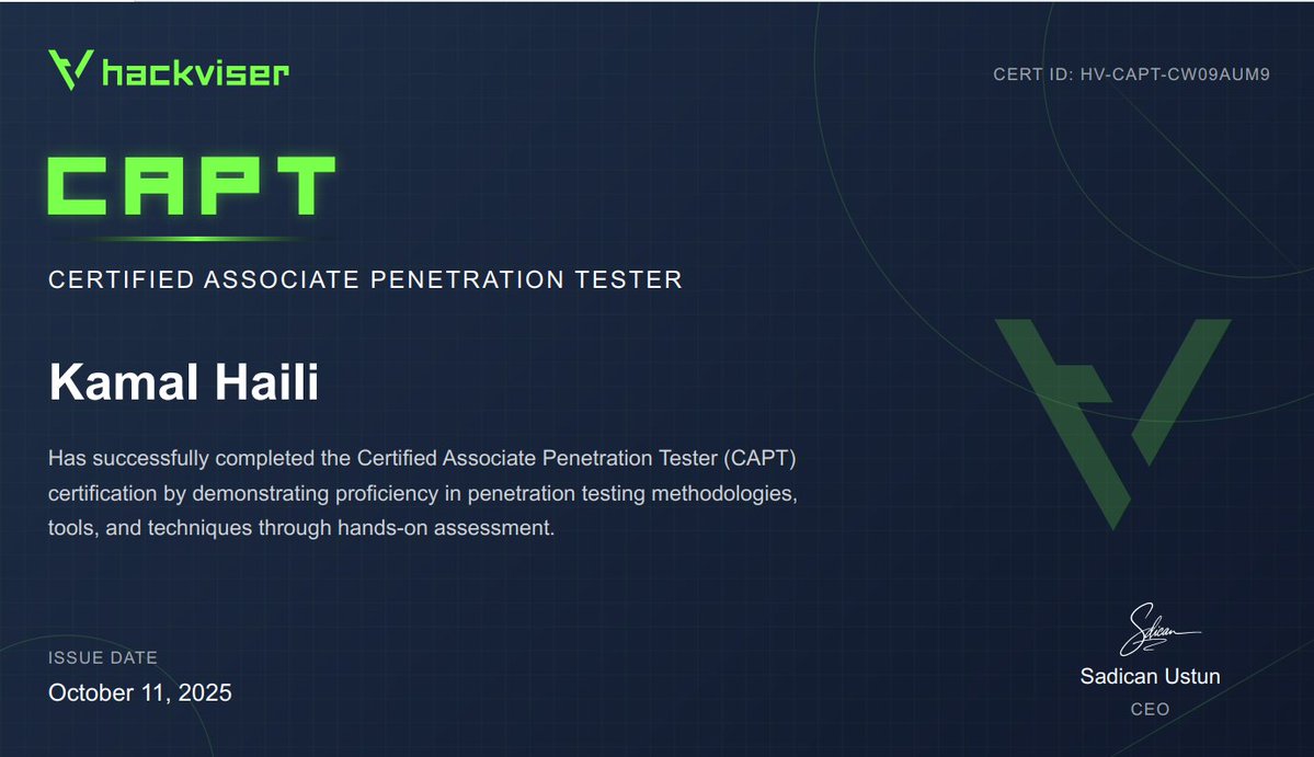 kamalhaili11's tweet image. 🚀Excited to share that I’ve officially earned the Certified Associate Penetration Tester (CAPT) certification from @hackviserr ! 🎯
Grateful for this achievement and motivated to keep growing in the field of cybersecurity. 💪
#EthicalHacking #PenetrationTesting #Hackviser #CAPT