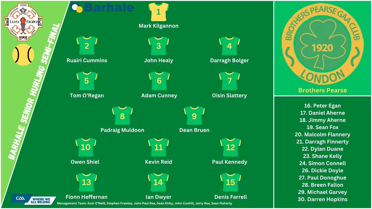 Semi-final day!!

For thise who can't make it, stream the match live on 247.tv/live/londongaa

Also, today's teamsheet. So proud of our squad and management for their hard work in getting to today's SF.. hopefully there's more to come 💪🟢🟡