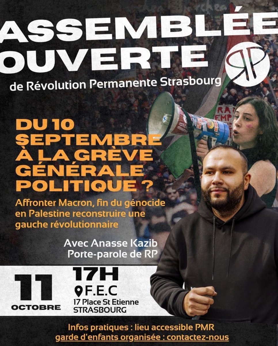 🔴 Assemblée ouverte ce samedi 17h à Strasbourg : retrouvez <a href="/AnasseKazib/">Anasse Kazib</a> et Lisa Yervin pour discuter de la crise politique, des bilans du mouvement de septembre et du rôle des travailleurs et de la jeunesse pour affronter la situation !