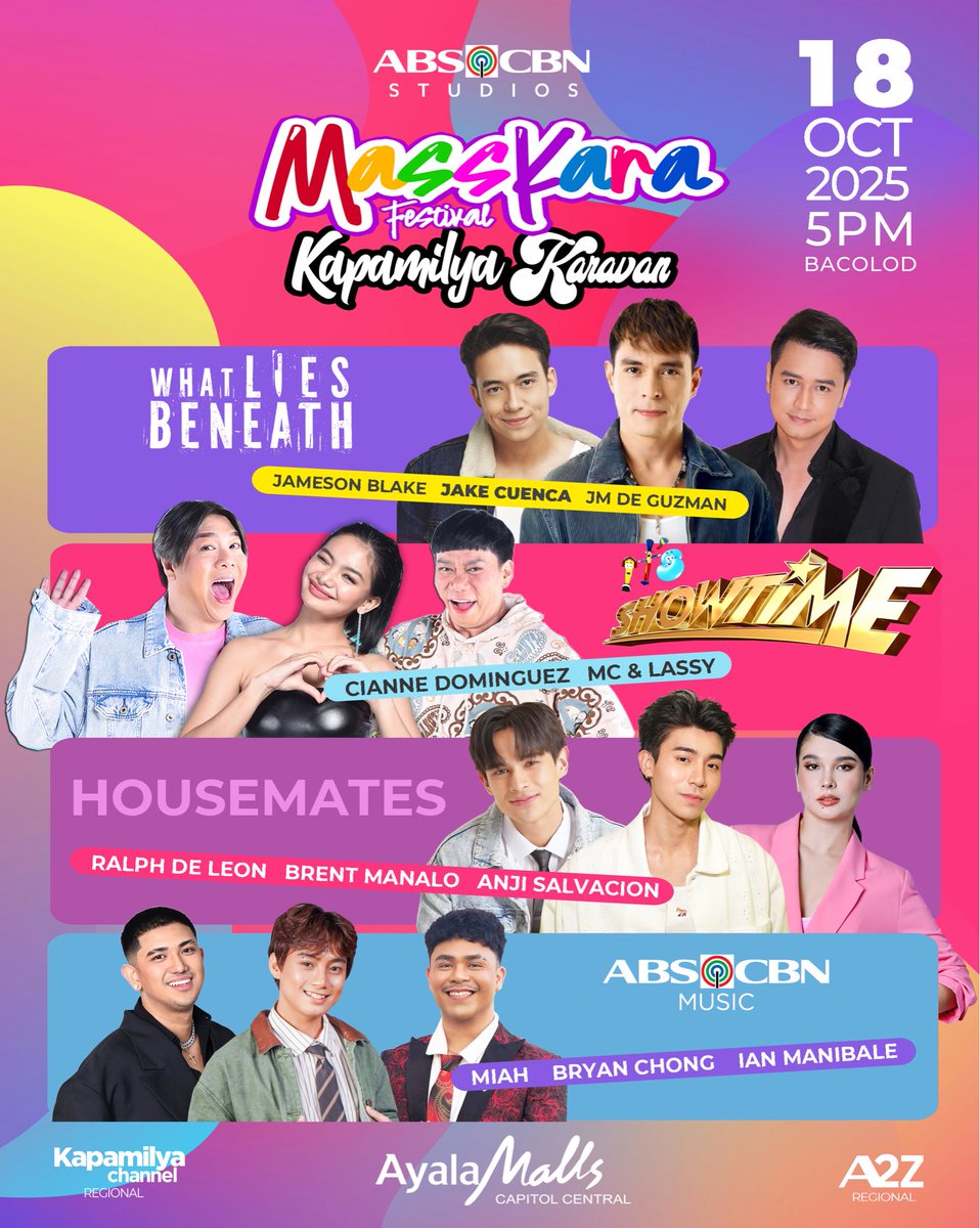 teamanjiuniv's tweet photo. Let’s celebrate the festival of many smiles, Masskara! 🎭✨ Get ready as Kapamilya Karavan brings your favorite Kapamilya stars! 💫

Your PBB housemates Ralph De Leon 🏠, and the big winners Anji Salvacion 👑 and Brent Manalo 🌟!

For Team Live, Please DM @_0ans0_ and @Amigas_TitaConn

See you there!

#AnjiSalvacion @anjisalvacion