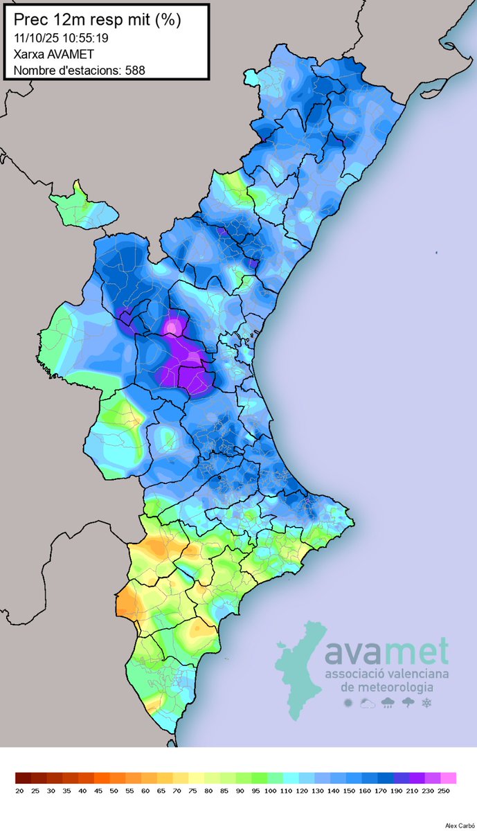 avamet's tweet image. Mapa de pluja dels últims 12 mesos respecte a la mitjana (%). Gràcies @Catimeteo!

- Colors blaus/morats = per damunt de la mitjana
- Colors verds/grocs/taronges = per baix

Situació especialment preocupant en algunes poblacions del Vinalopó on ha caigut la meitat de la mitjana.