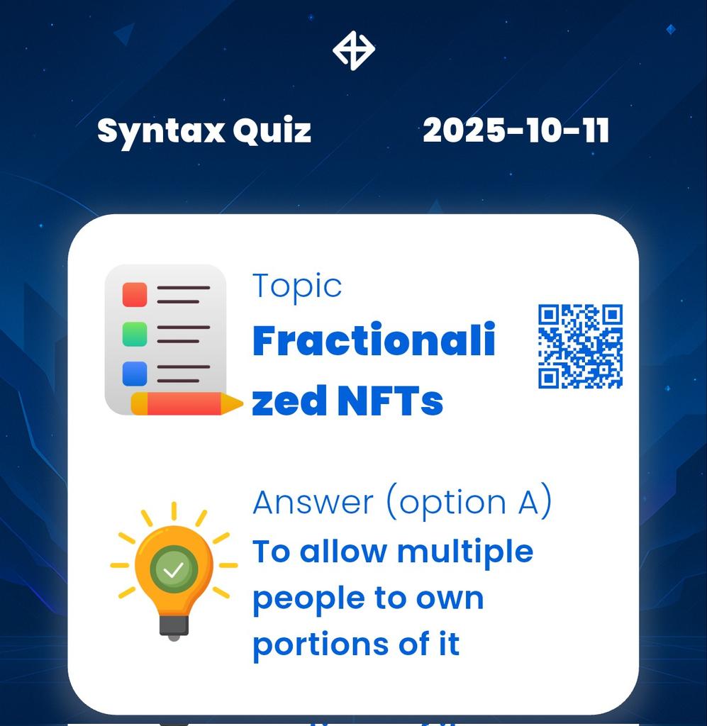 CryptoBetula's tweet image. 💠 Syntax Verse Puzzle! 🧩✨
🗓️ Saturday, 11.10.2025.
🎨 NFTs sliced, art shared—collect your coded glory!
🛡️ Opt A to split the masterpiece! 🖼️🔮
#SyntaxVerse #NFTMagic #Web3Art #CryptoOwnership #BlockchainLore #Web3Quiz