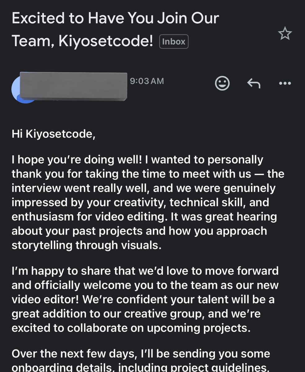 kiyosetcode's tweet image. Woke up to the best kind of email 😄💌 Excited to officially join an amazing international team as their new Video Editor! Grateful for the opportunity and can’t wait to get started. 🎥🌍