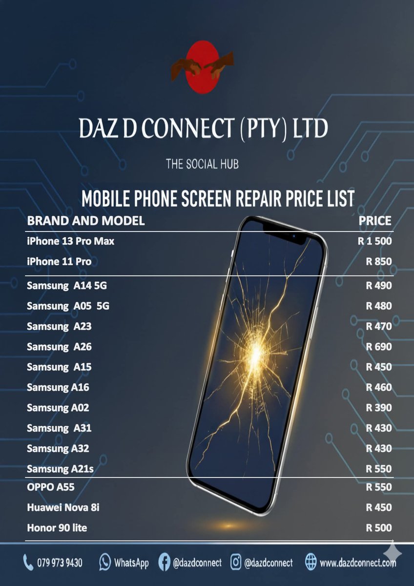 daz_freeman's tweet image. 📱 Cracked screen? We fix it — fast &amp;amp; affordable!
Check out our latest screen repair prices 🔧
💬 Message or WhatsApp us for a booking today!
#DazDConnect #PhoneRepairs #AffordableTech #Acornhoek #cottondale