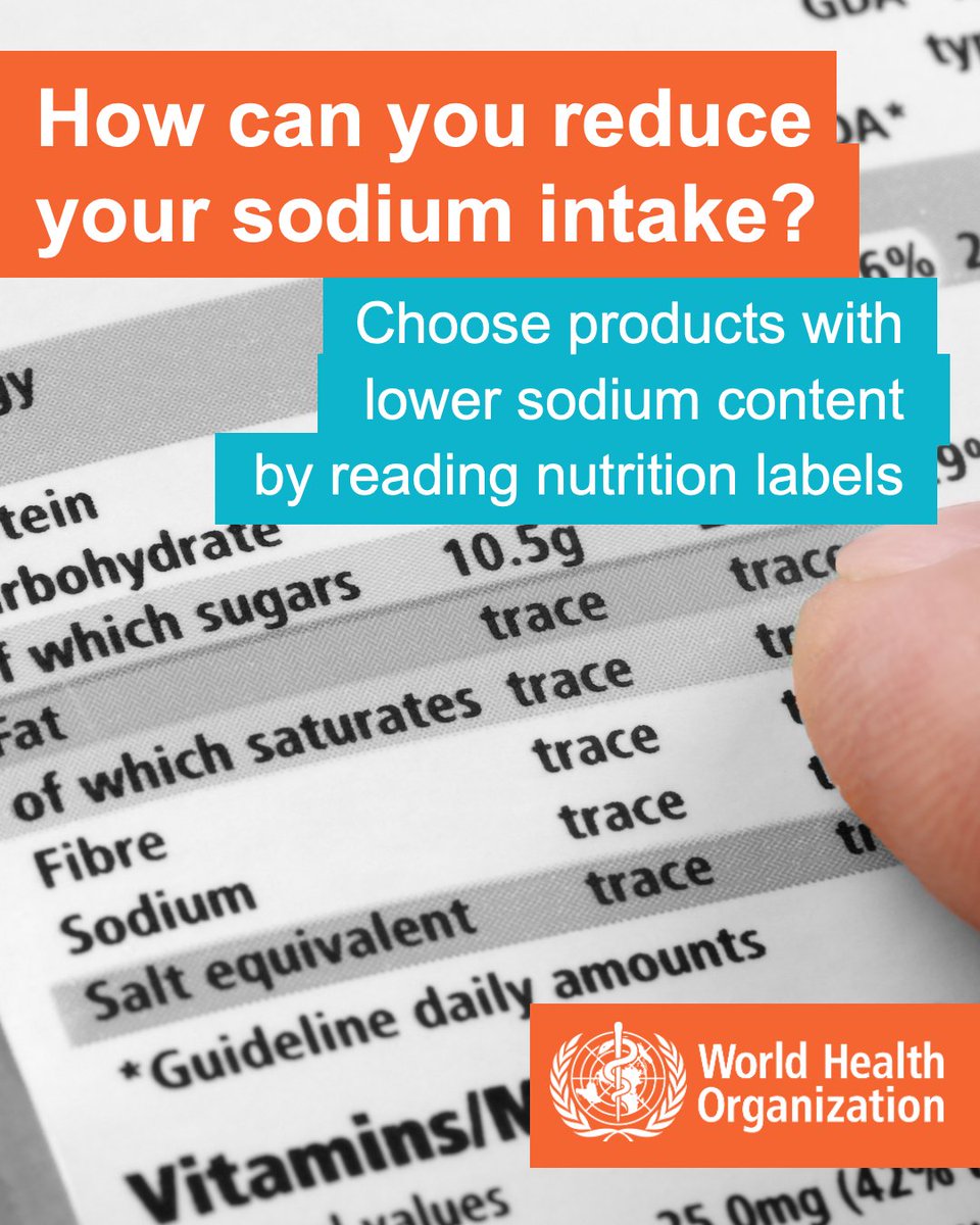 WHO's tweet image. Ultra-processed foods and ready-made meals often contain very high salt levels.
Be sure to check the nutrition labels against the recommended daily intake.