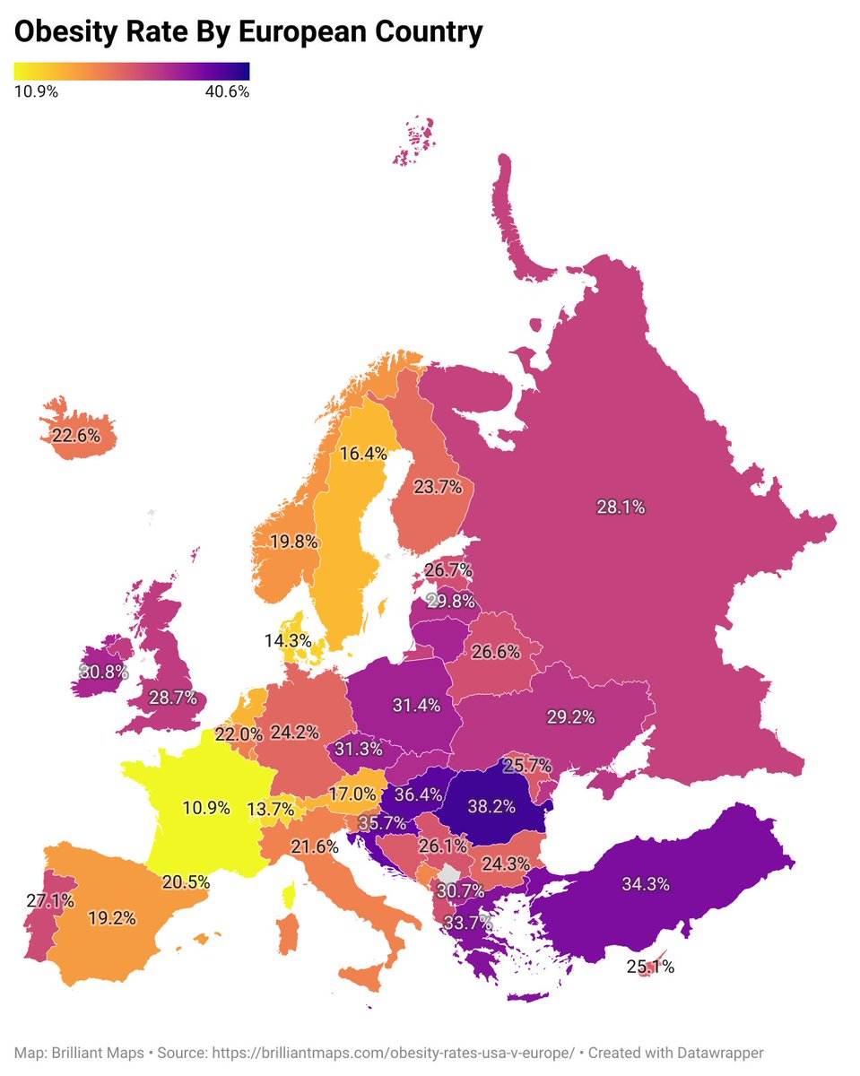 BrilliantMaps's tweet image. European Obesity Rate By Country 2024

See how it compares to US States: brilliantmaps.com/obesity-rates-…