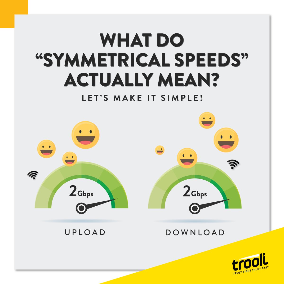 Customers often ask “What does symmetrical speed mean?” 🤔 It means uploads = downloads ⚡ So you can send big files in seconds, stream, game, and Zoom without lag: all at once. That's right! With Trooli you get a two-way ultrafast lane. 🚀 #FullFibre #Trooli