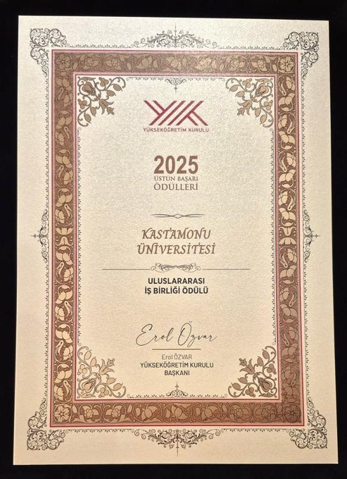 First image shows two men in formal attire on stage with a red backdrop displaying Kastamonu University text, one older man in a dark suit with blue tie identified as Recep Tayyip Erdoğan shaking hands and presenting a framed award featuring intricate blue tilework to a younger man in a white robe with red accents. Second image depicts the same individuals with Erdoğan in suit handing the award to a man in a red robe over black attire, surrounded by blurred audience members including women in colorful dresses. Third image is a close-up of an ornate certificate with gold and brown borders, YÖK 2025 Superior Achievements text, mentioning Kastamonu University award to Prof. Dr. Ahmet Hamdi Topal and Assoc. Prof. Dr. Önder Tor for international cooperation.