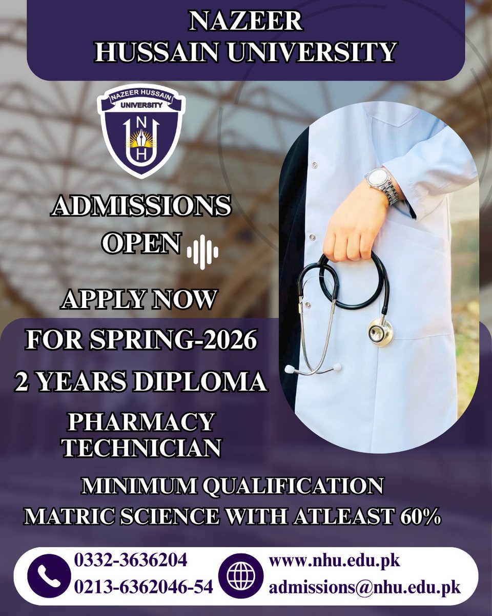 nhukarachi1's tweet image. 💊✨ Build your future in healthcare!

Admissions are now OPEN for Pharmacy Technician (2 Years Diploma Program) – Spring 2026.

Step into a rewarding career with endless opportunities. Apply today and secure your spot!

#DiplomaProgram #AdmissionsOpen #Spring2026 #Healthcare
