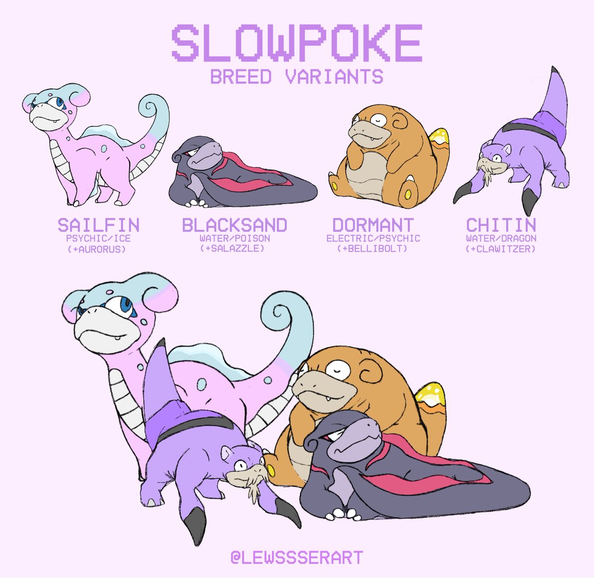 Remember when everyone was doing Pokemon Crossbreeds?

I did some for Slowpoke

(Aurorus, Salazzle, Bellibolt &amp; Clawitzer)