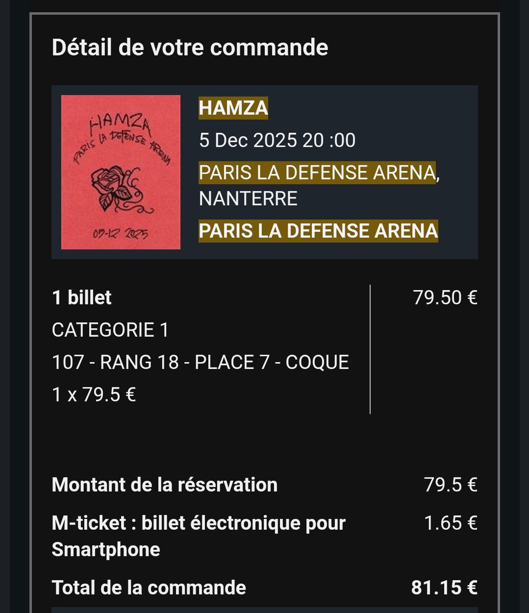 luvforid0lz's tweet photo. Salut ! Je vends une place en catégorie 1 pour le concert d'Hamza à Paris la Défense Arena le 5 décembre 👨‍🍳
💶 81.15 
RT APPRÉCIÉ 🙏🏼

#hamza #saucegod #hamzasaucegod #concert #parisladefensearena #paris #revente https://t.co/kEtZoJ4buD