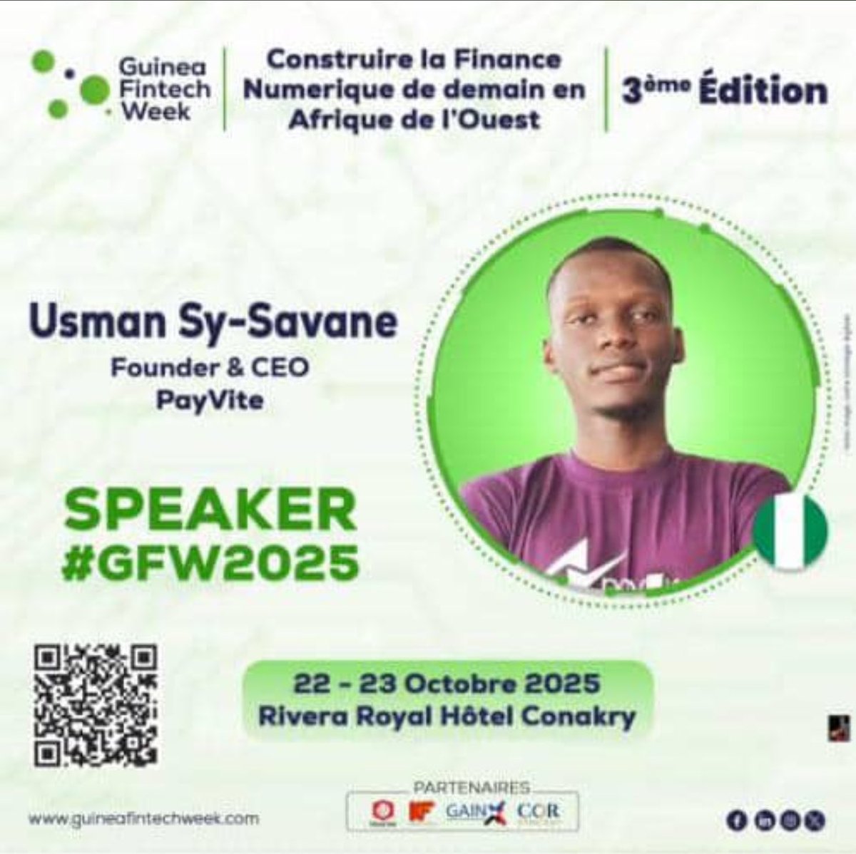 PayVite's tweet photo. 🎉Excited to share that Usman Sy-Savane, Founder &amp; CEO of PayVite, 
will be speaking at the 3rd edition of Guinea Fintech Week (GFW2025).

Happening October 22–23, 2025, at Rivera Royal Hotel, Conakry, this year’s event focuses on building the digital finance of tomorrow https://t.co/frLVeLa5MD
