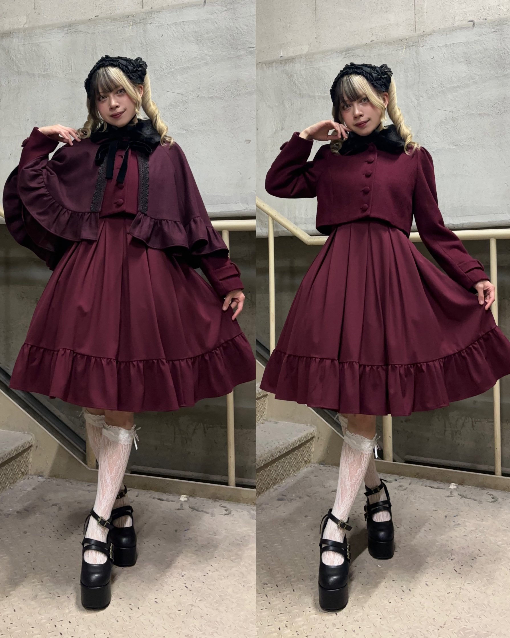 ATELIER-PIERROT アトリエピエロ　ケープ付ファーコート　ワイン ATELIER PIERROT / ケープ付きコート ワイン S-25-10-12-048-EL