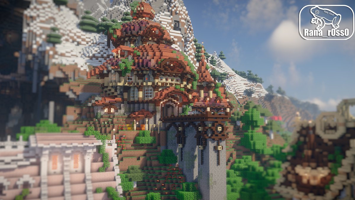 山の斜面に橋付きの丸屋根建築
#Minecraft