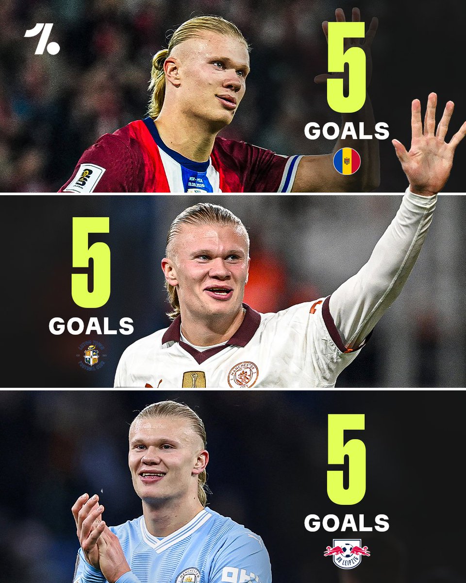 OneFootball's tweet image. 🇳🇴 Erling Haaland is the only player this century to hit 5️⃣ goals in three matches 🤖

x5 ⚽️ vs Moldova
x5 ⚽️ vs Luton
x5 ⚽️ vs Leipzig