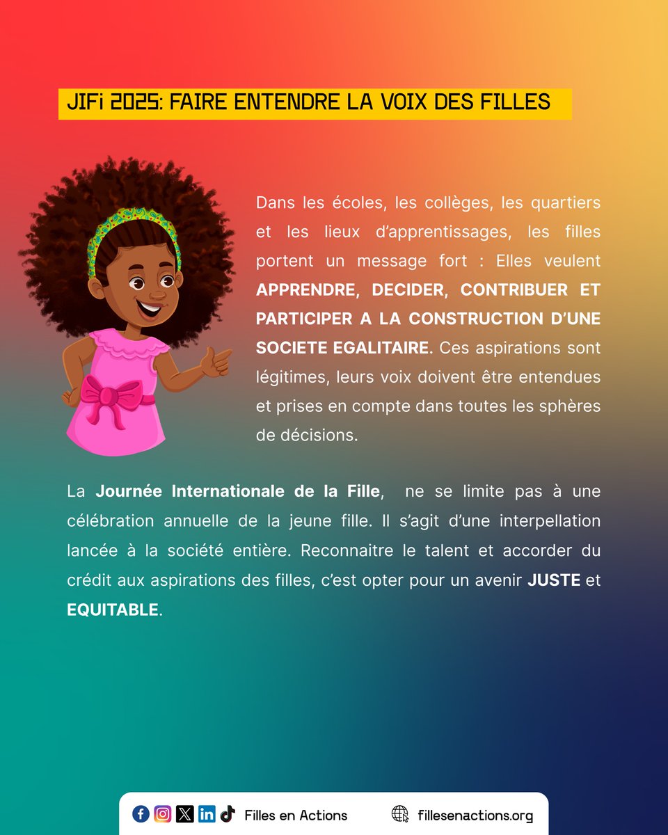 FillesActions's tweet image. 👧🏼👧🏾👧🏿Journée Internationale de la Fille (JIFi) 2025 

Chaque 11 octobre, le monde entier se mobilise pour célébrer la Journée Internationale de la Fille.

🇺🇳 Proclamée le 19 décembre 2011 par l'Assemblée Générale des Nations Unies, cette Journée vise à reconnaître les droits des…