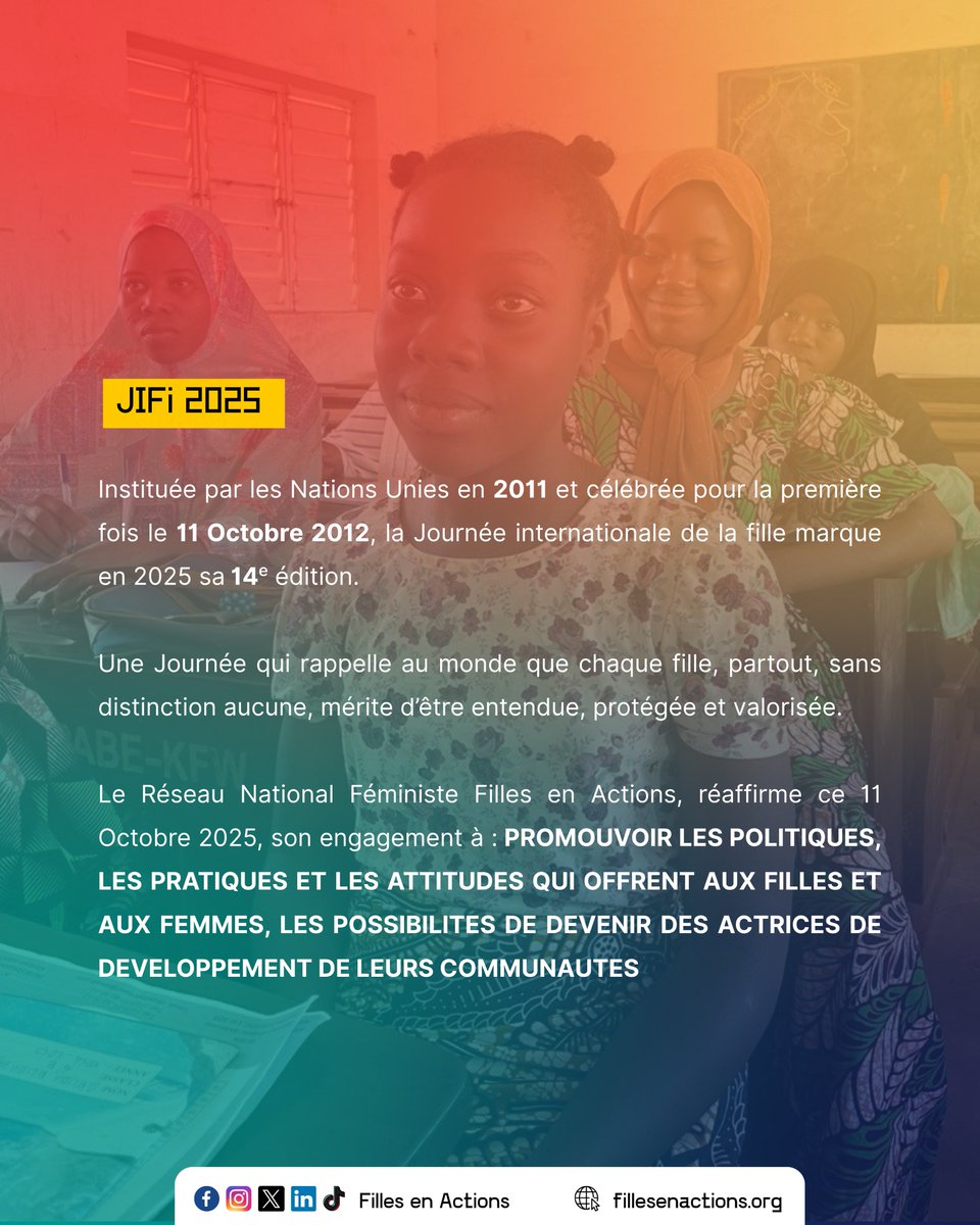 FillesActions's tweet image. 👧🏼👧🏾👧🏿Journée Internationale de la Fille (JIFi) 2025 

Chaque 11 octobre, le monde entier se mobilise pour célébrer la Journée Internationale de la Fille.

🇺🇳 Proclamée le 19 décembre 2011 par l'Assemblée Générale des Nations Unies, cette Journée vise à reconnaître les droits des…