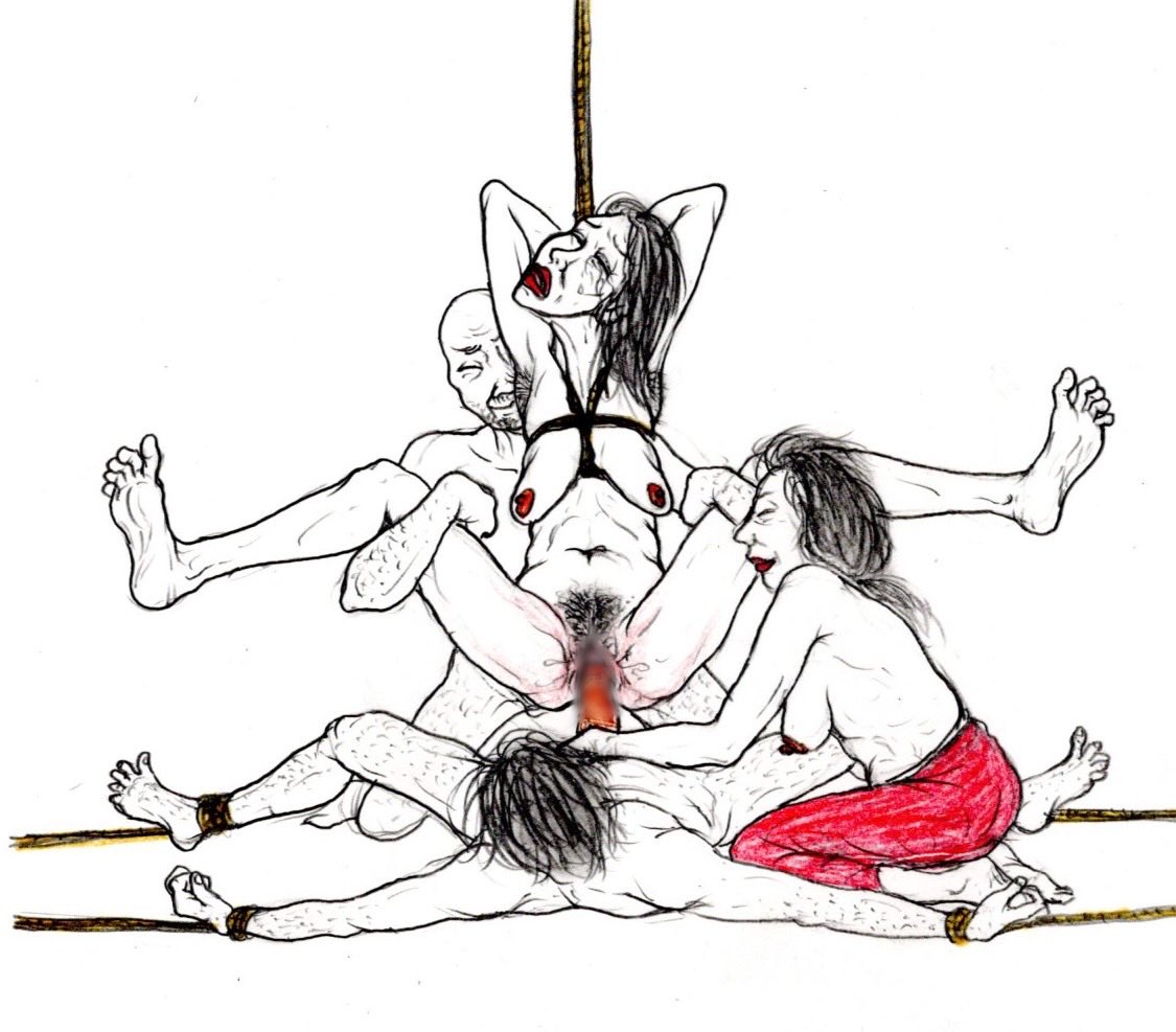 【淫情奇譚戯画】

どうじゃ？姉者の蜜壺の味は。

魔羅をこげぇに強張らせて、うめぇに違いねぇわなぁ。

姉者が気をやるのが早ぇか、おめぇの昇天が先か、見ものじゃわ。

#緊縛 #春画 #緊縛画 #責め絵 #熟女
#bdsm