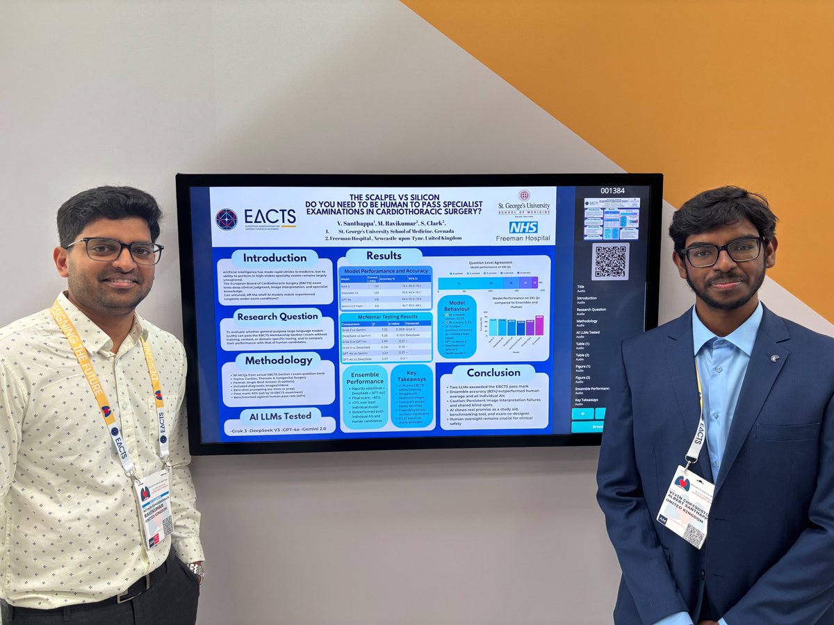 SCClarkFRCS's tweet image. Well done to our Senior Fellow, Mithun and medical student, Vivin for their hard work and excellent presentations at EACTS in Copenhagen. Wonderful as I move to the end of my career to leave our specialty in very capable hands.