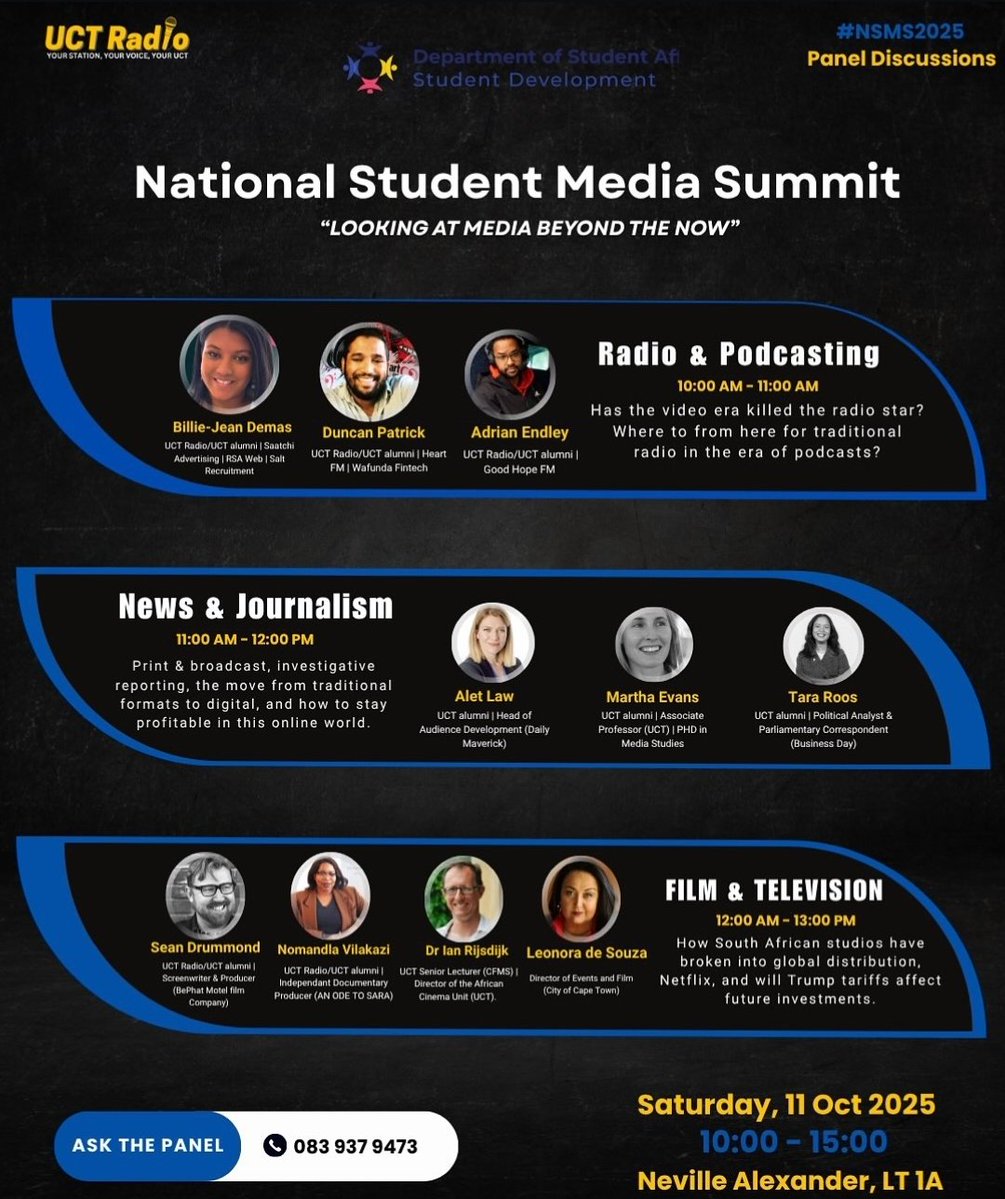 UCTRadio's tweet image. UCT Radio's inaugural National Student Media Summit is well under way. If you aren't already in the room with us, don't worry. We're sharing updates here and on our TikTok 😉
#uct #journalism #Broadcast #media #CapeTown