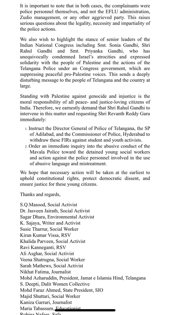 SQMasood's tweet image. Civil society members from Telangana writes to @RahulGandhi @revanth_anumula over police action on pro-#Palestine activists in Telangana and seeks his intervention and withdrawal of cases booked by @shoousity @adilabad_sp against activists.

@priyankagandhi @INCTelangana
