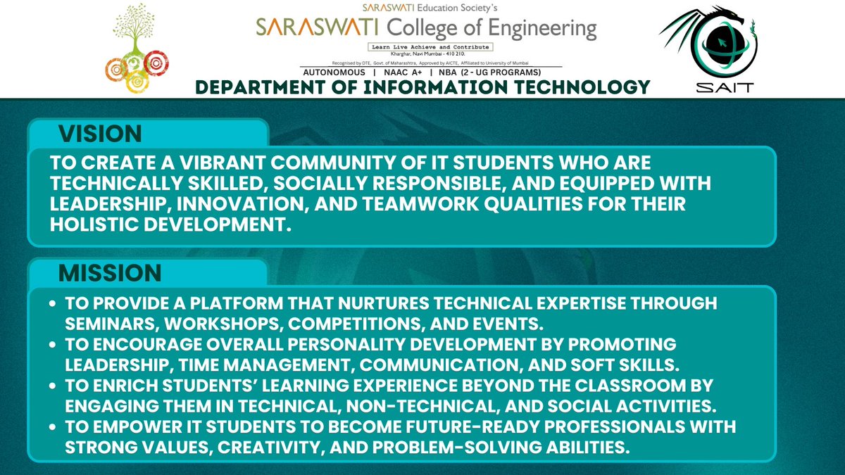 SAIT_SCOE's tweet photo. At SAIT, we believe in nurturing skills, innovation &amp; values while creating a vibrant community of future-ready professionals.
#SAIT #VisionMission #FutureReady #TechWithPurpose #Innovation #Leadership #HolisticGrowth #CampusLife https://t.co/MkwylAXV2A