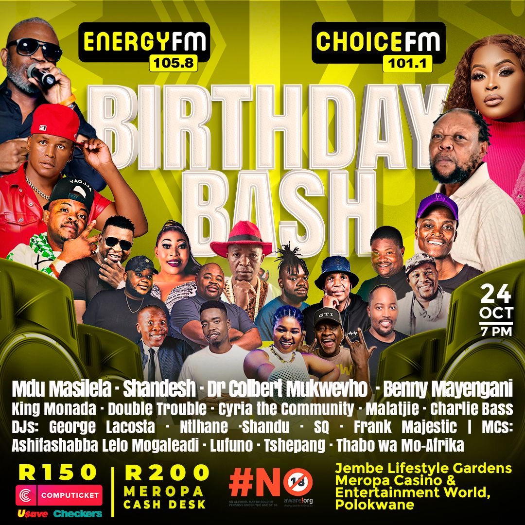 Energy FM and Choice FM are joining forces for an epic joint birthday bash – and you’re invited!
Expect electrifying entertainment, top DJs, live performances, and nonstop vibes all night long! 🔥

Tickets are available now on Computicket – Secure yours today!!