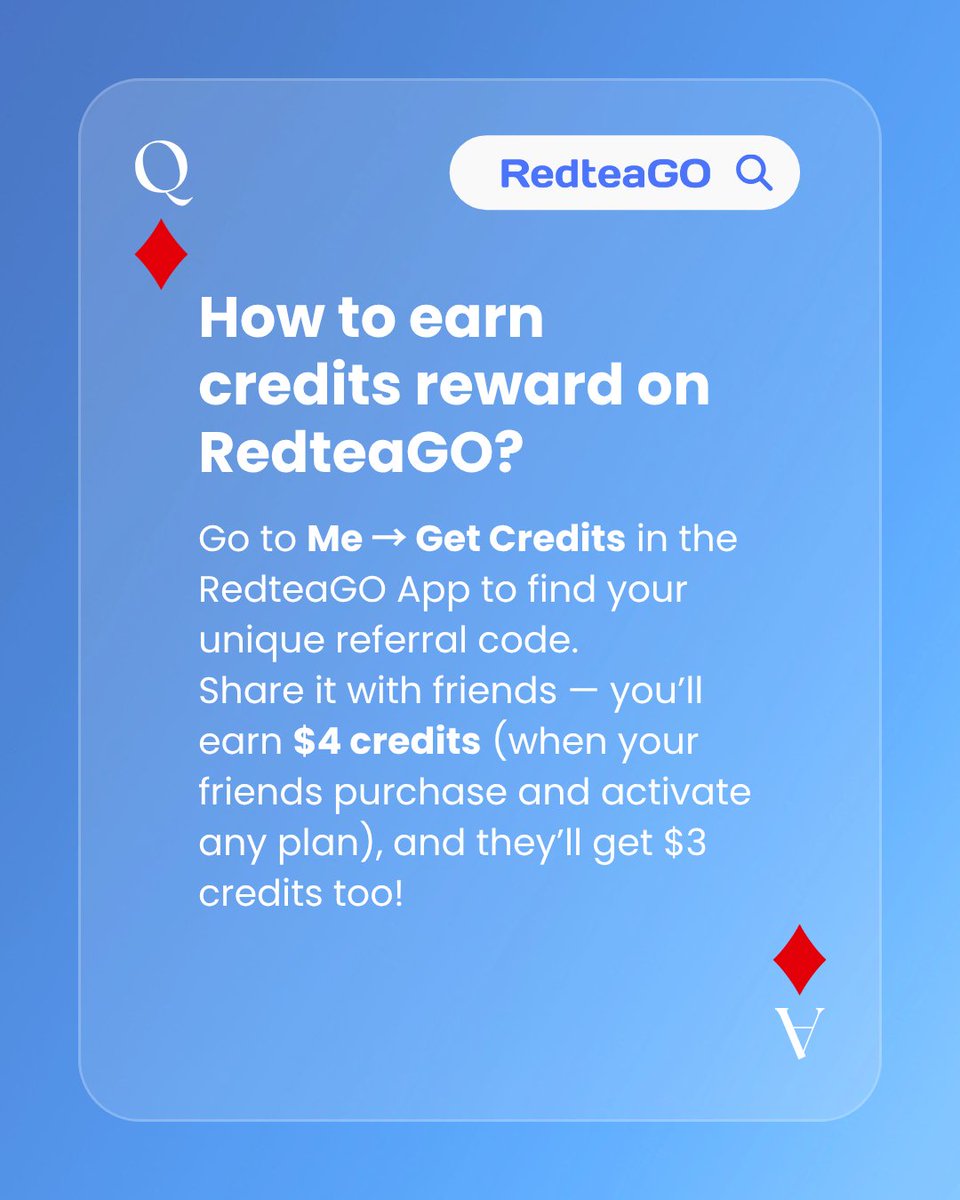 How to earn credits reward on RedteaGO?

Share your referral code with friends — you’ll earn $4 credits (when your friends purchase and activate any plan), and they’ll get $3 credits too!

It’s unlimited, the more you share, the more you earn. 

#RedteaGO #esim #TravelTips #faq